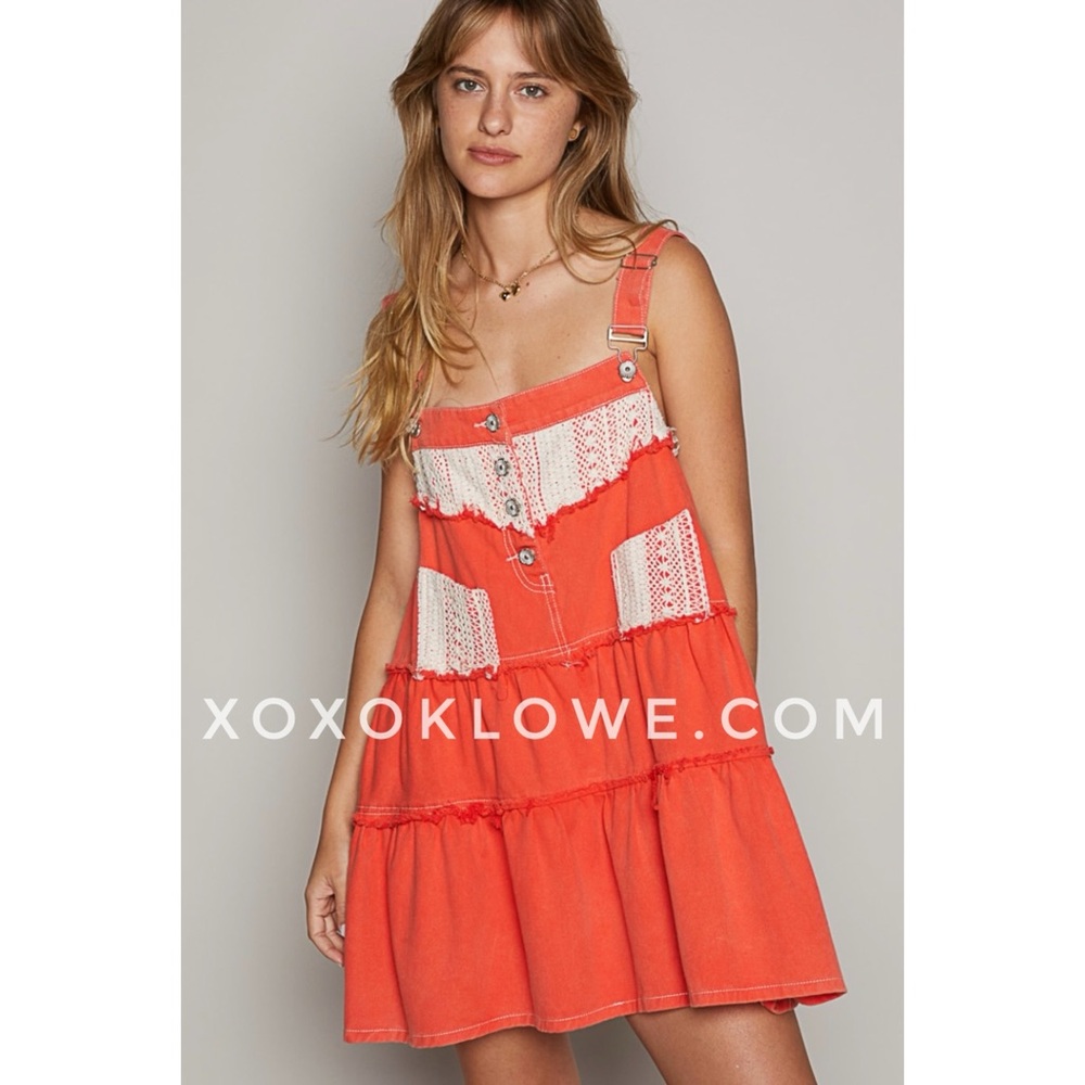POL Bright Coral Denim + Crochet Patch Tiered Overall Mini Dress